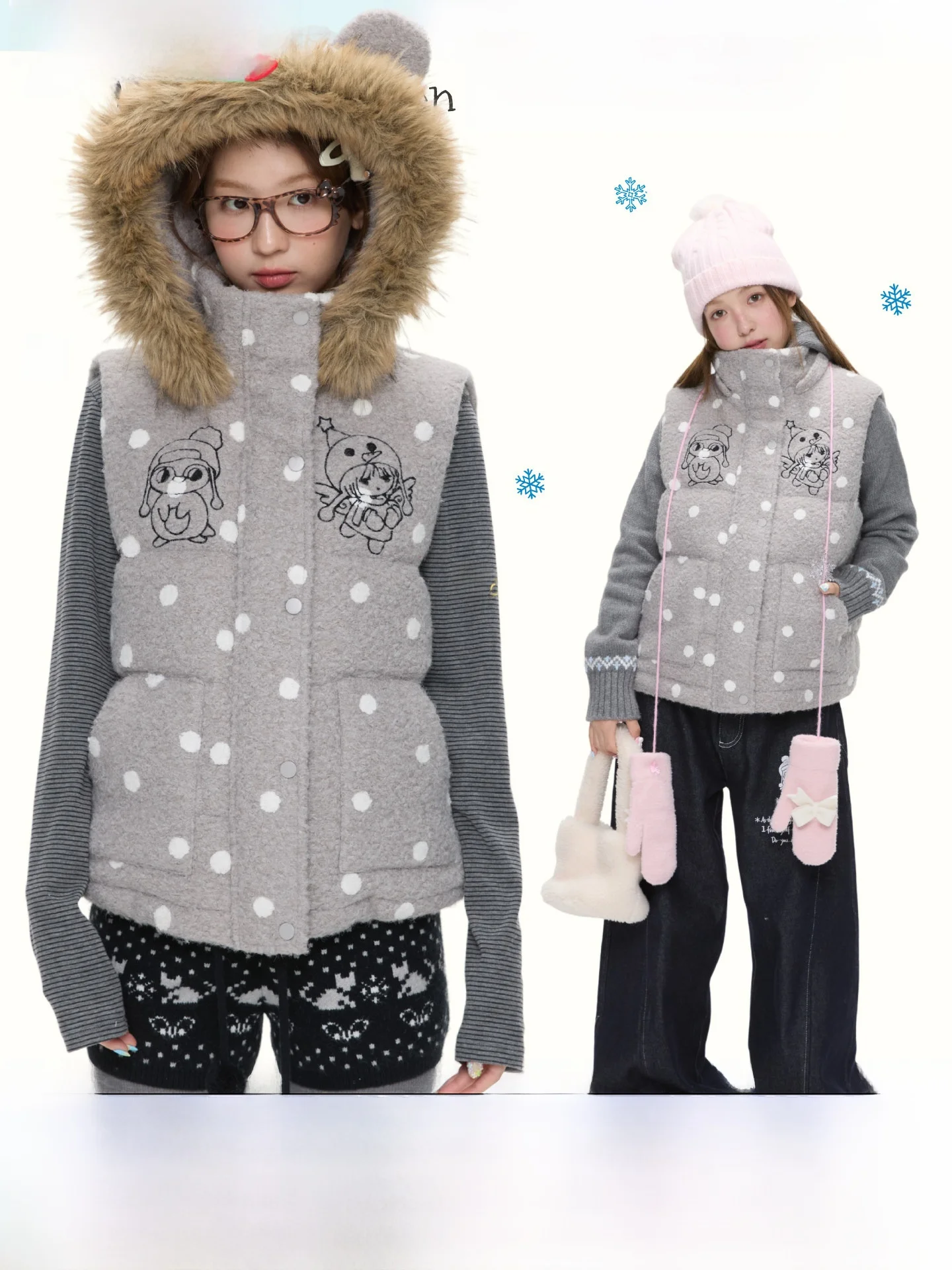 

Женский модный жилет BENANDx Winter Original из шерстяного материала с капюшоном, теплый, с вышивкой в виде медведя, прямого кроя, в горошек