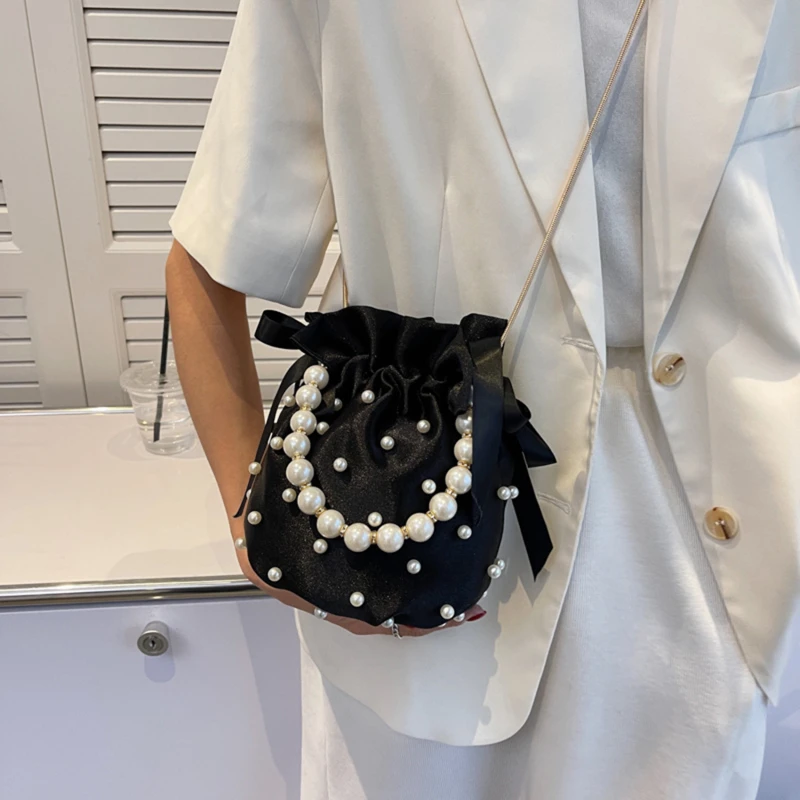 Women Shoulder Bags High Quality Luxury Ladies Handbag Black Bead Pearl Imitation Silk Female Bucket Crossbody Bag