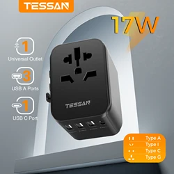TESSAN Travel Adapter International Universal Power Adapter with 1 Type C & 3 USB Ports Worldwide Wall Charger for UK/EU/AU/US