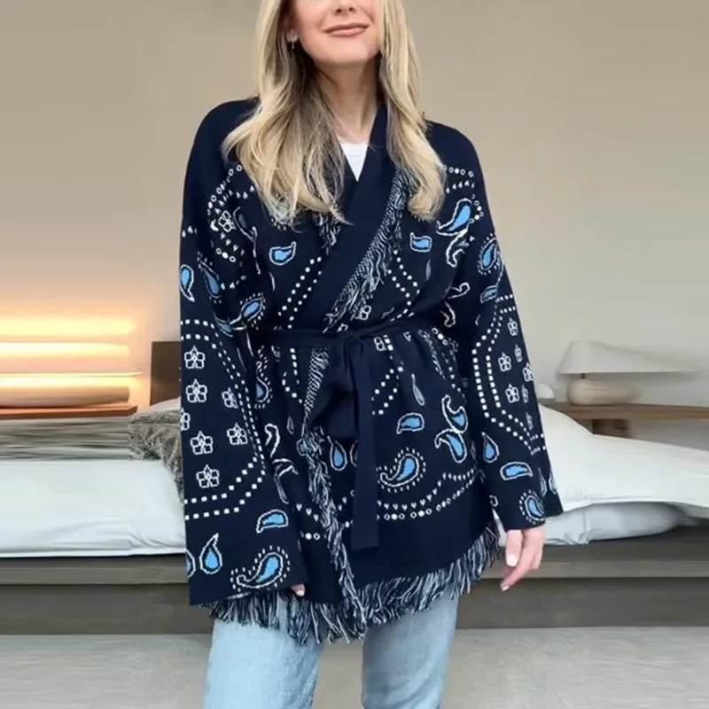 

Осень-зима, женские лоскутные свитера с кисточками, кардиган, модный трикотаж с принтом, верхняя одежда с v-образным вырезом и длинными рукавами, шикарные вязаные пальто