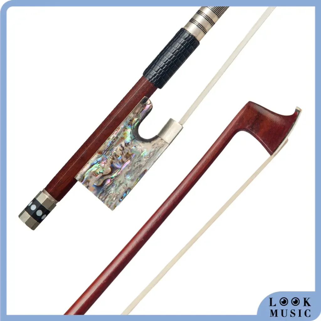 LOOK Durable 4/4 Violin Bow Pernambuco Bow Round Stick Lizard Skin Wrap White Mongolia Horsehair W/ Abalone Frog