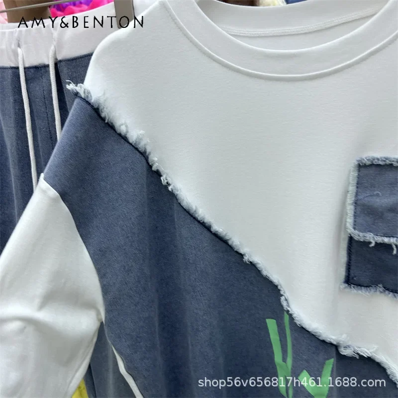 

European Style Cool Denim Patchwork Oversized Short Sleeves T-shirt Top Long Lace-up Wide Leg Pants Two-piece Set For Ladies