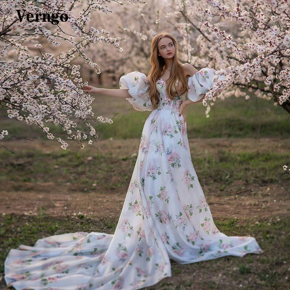 Verngo-Vestidos de Noche estampados de línea A para mujer, mangas abullonadas, escote Corazón, tren largo de 90 cm, vestidos de graduación formales elegantes, bata de matrimonio