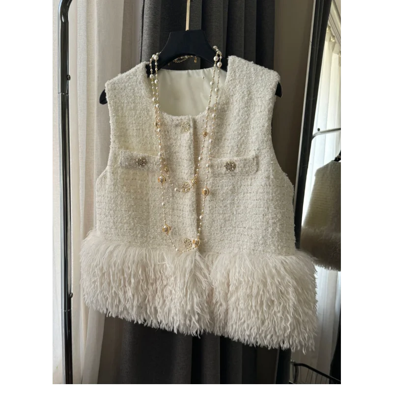 

Осень-зима, белый твидовый жилет из искусственного меха, женское модное маленькое ароматное роскошное милое теплое французское женское пальто