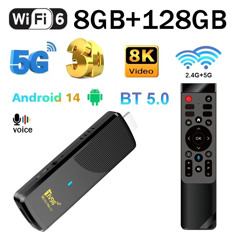 TV Stick Allwinner H313 Quad Core Compatible con TV98, Video 8K, 4K Wifi6, BT5.0, Android 14, Control Remoto por Voz Inteligente, PK MX10 Stick IPTV