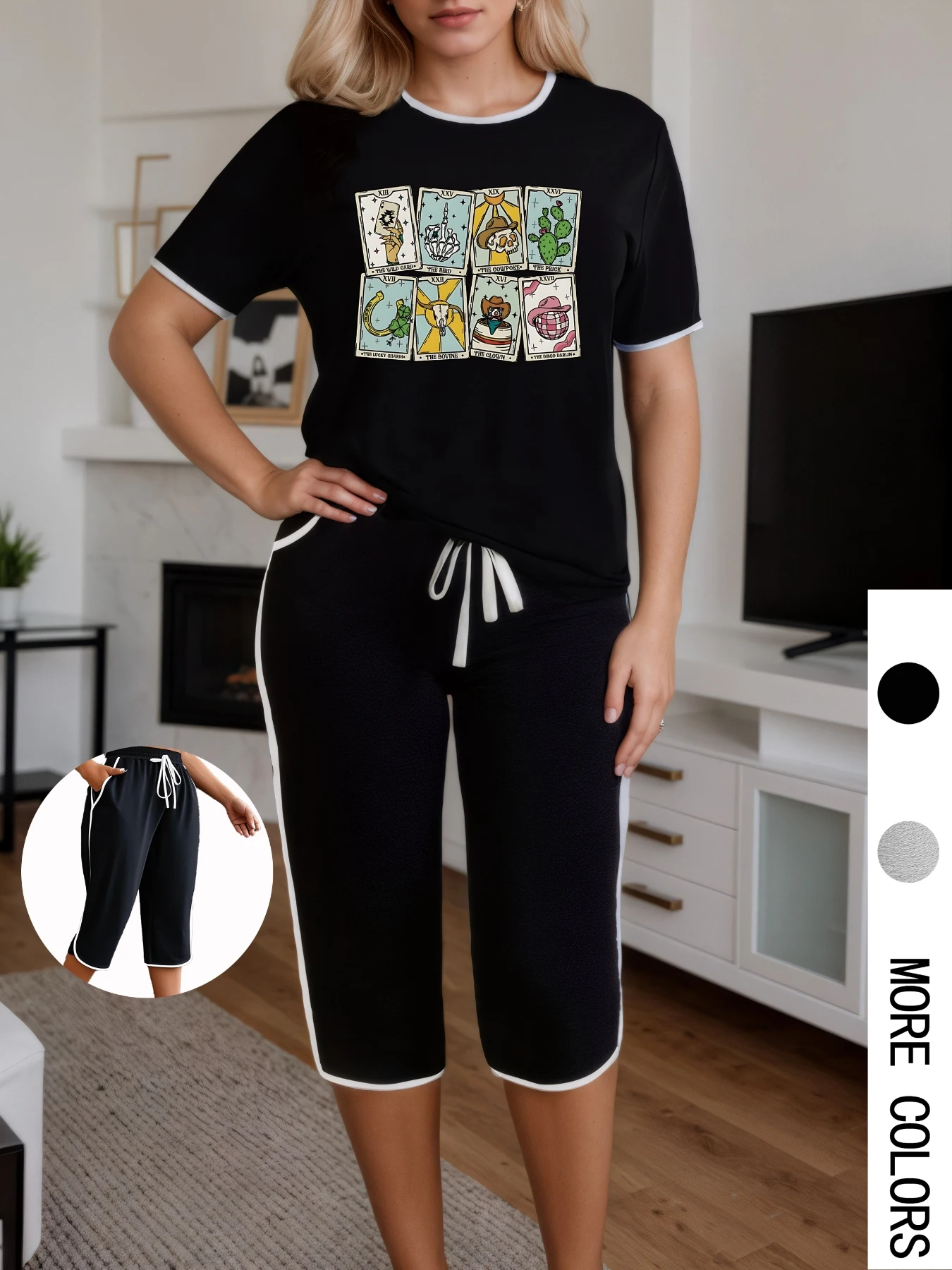 

Plus Size Women Two Piece Set Graphic Print Short Sleeve T-shirt Capri Pants Summer Suits Oversize Ladies 2 Piece Outfits
