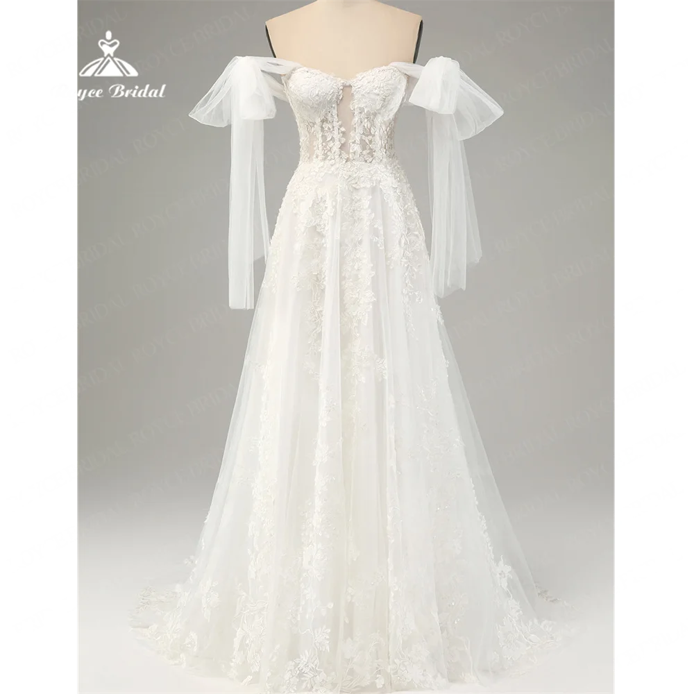 Roycebridal-vestido de novia de línea A, traje de encaje con cola de barrido, 2025