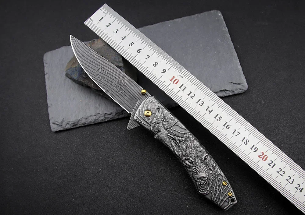 Tactical Folding Blade Utility Knife - Stonewash 3d Wolf Engraved Collection Knife