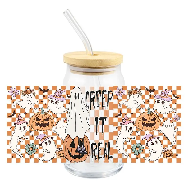 Halloween Pumpkin Ghost 3D Transfer Sticker for 16oz Libbey Glass UV DTF Cup Wraps Stickers Waterproof  Rub on Transfers Decal