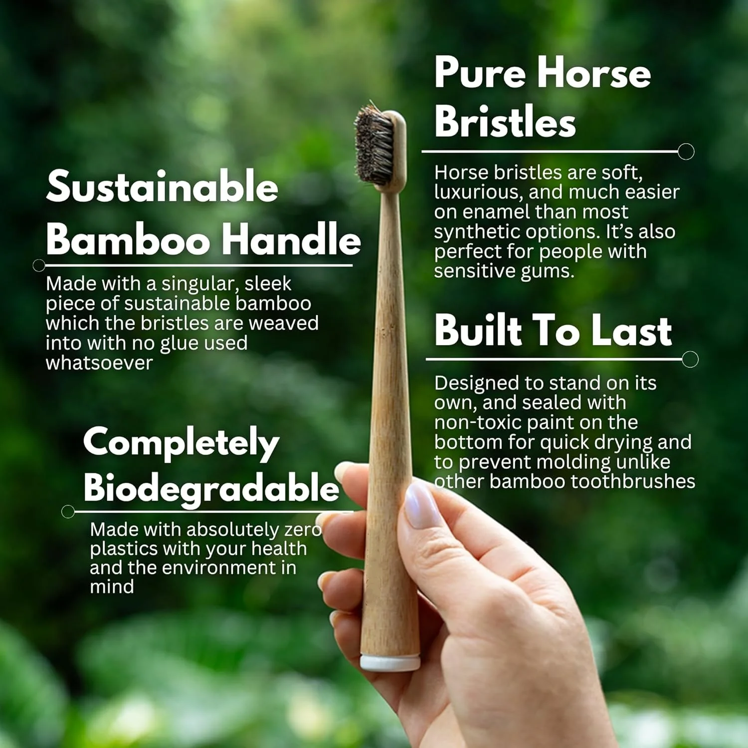 Horse Bristle & Bamboo Toothbrush (4-Pack) - Luxurious & Soft Horse Bristles - Fully Biodegradable - Plastic & Nylon Free
