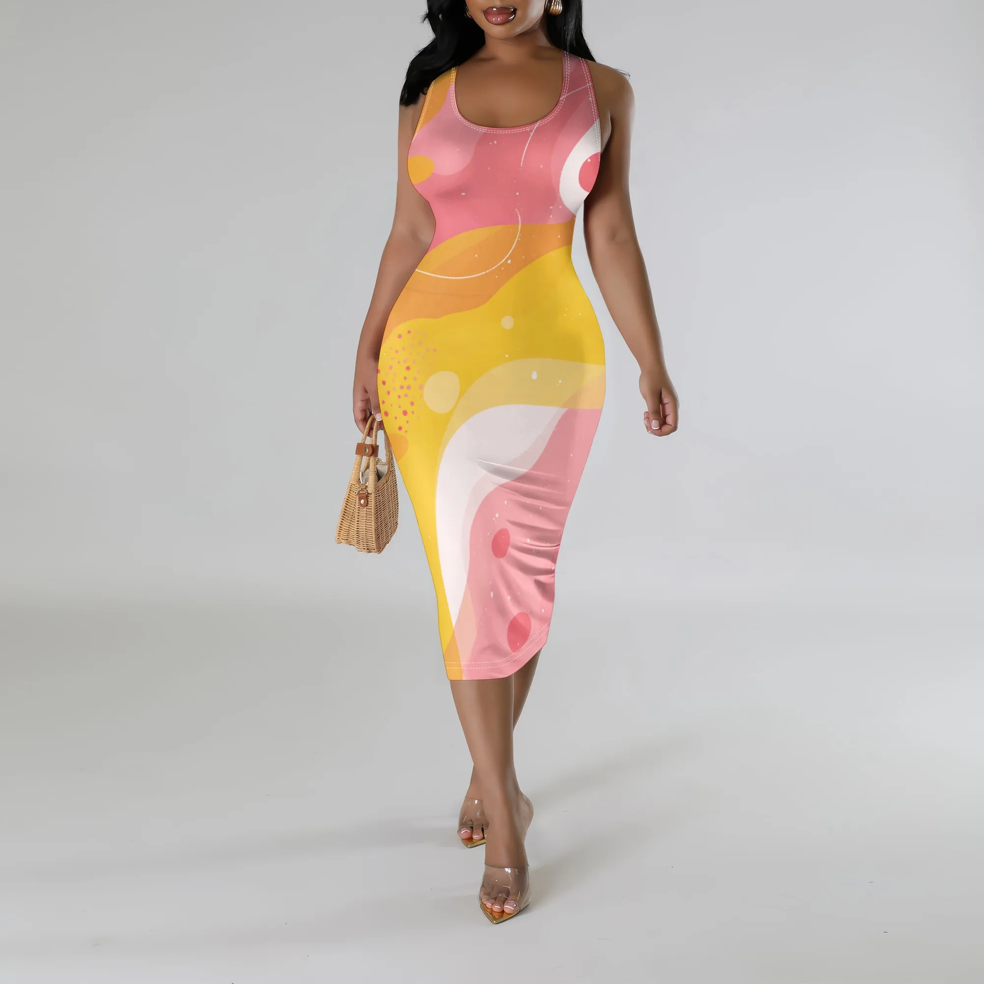 

Women's Abstract Colorful Print Bodycon Dress | Sleeveless Scoop Neck Midi Dress | Trendy Summer Party & Vacation Outfit XS-3XL