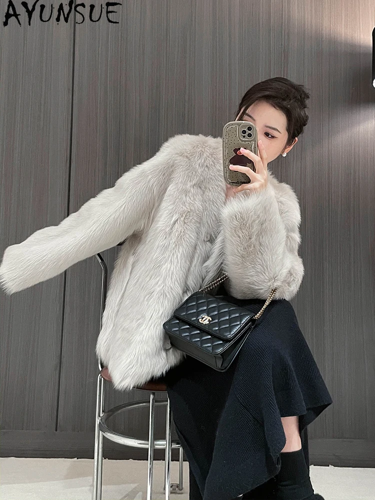 AYUNSUE 2025 Nowa Kurtka Damska z Shearlingu Dekolt V Krótka Kurtka z Jagnięcej Skóry Damska Odzież Naturalna Wełna Nowość w Odzieży Wierzchniej Abrigo Mujer