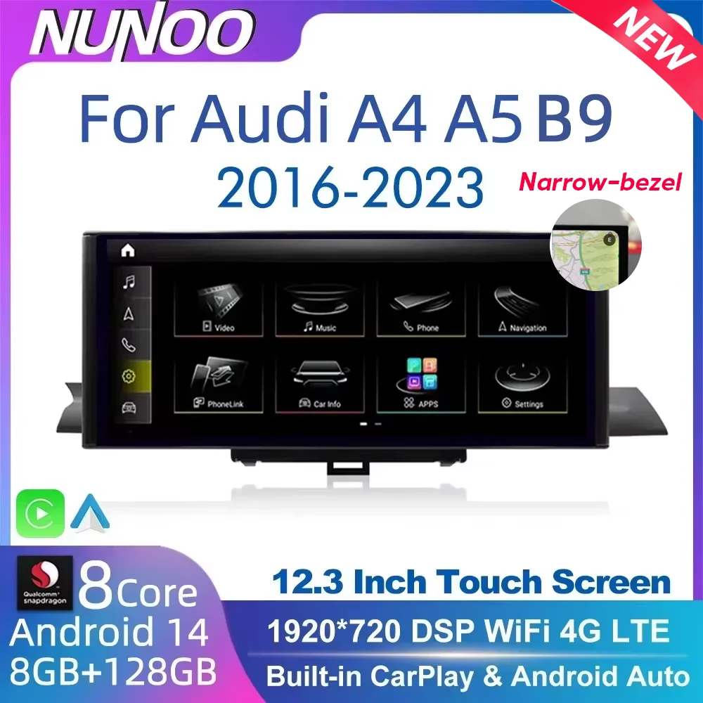 12.3 Android 14 Wireless Carplay For Audi A4 A5 B9 2017 2016-2023 IPS Touch Screen WIFI Multimedia Stereo GPS Navi Receiver
