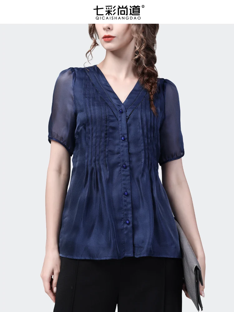 Women's Blue Chiffon Top 2024 Summer New Loose V-neck Pleated Organza Blouse Short Sleeved Casual Button-down shirts