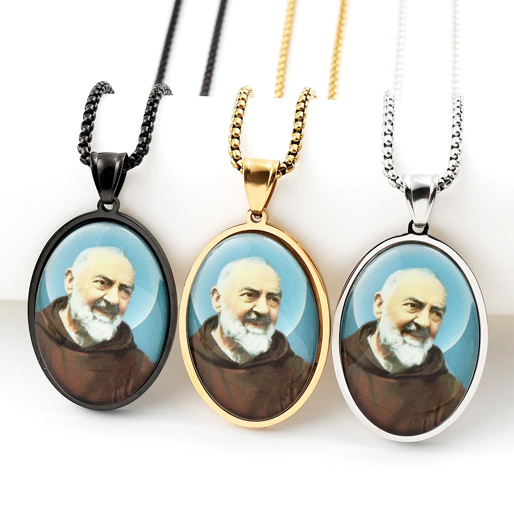 Chatholic Padre Pio Saint Father Medal Pendant Necklace for Women Men Stainless Steel Gold Color Religious Amulet Jewelry Gift
