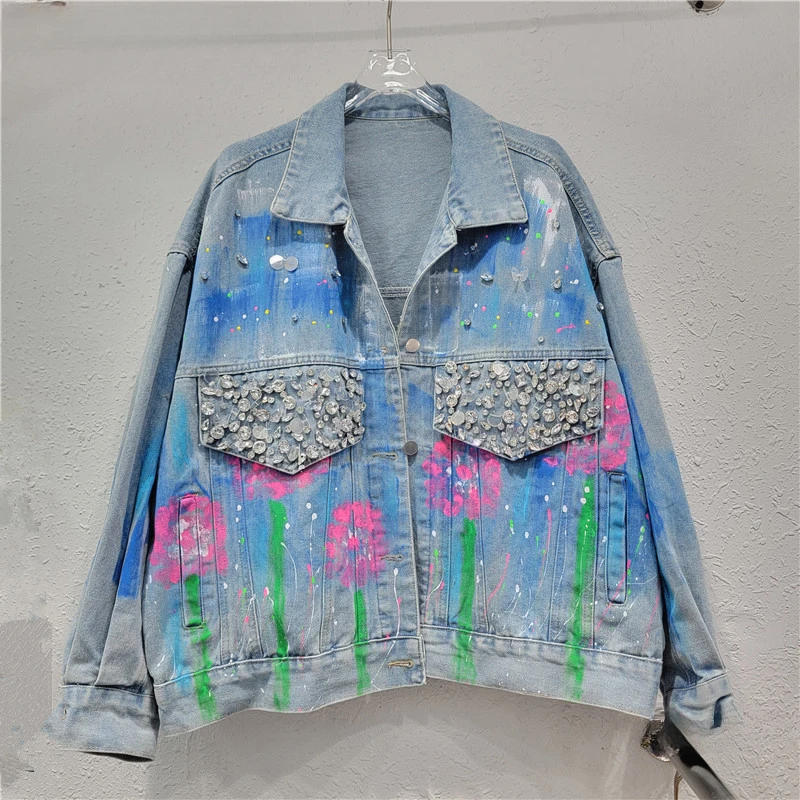 

Heavy Industry Beads Diamond Spray Paint Denim Coat Women's Fashionable 2024 Spring Loose European Stitching Long Sleeve Jacket