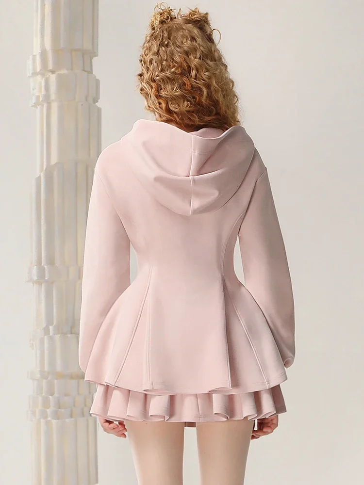 LEOSOXS High-end Knitted Sweater Suit Skirt Autumn New Hooded Top Girl Pink High Waist Pleated Skirt 2 Piece Sets Womens Casual