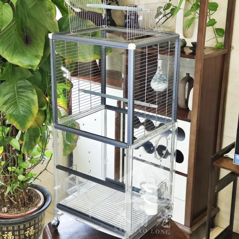 

Large space parrot cage 304 stainless steel tempered glass ornamental luxury double-layer bird villa, panoramic glass bird