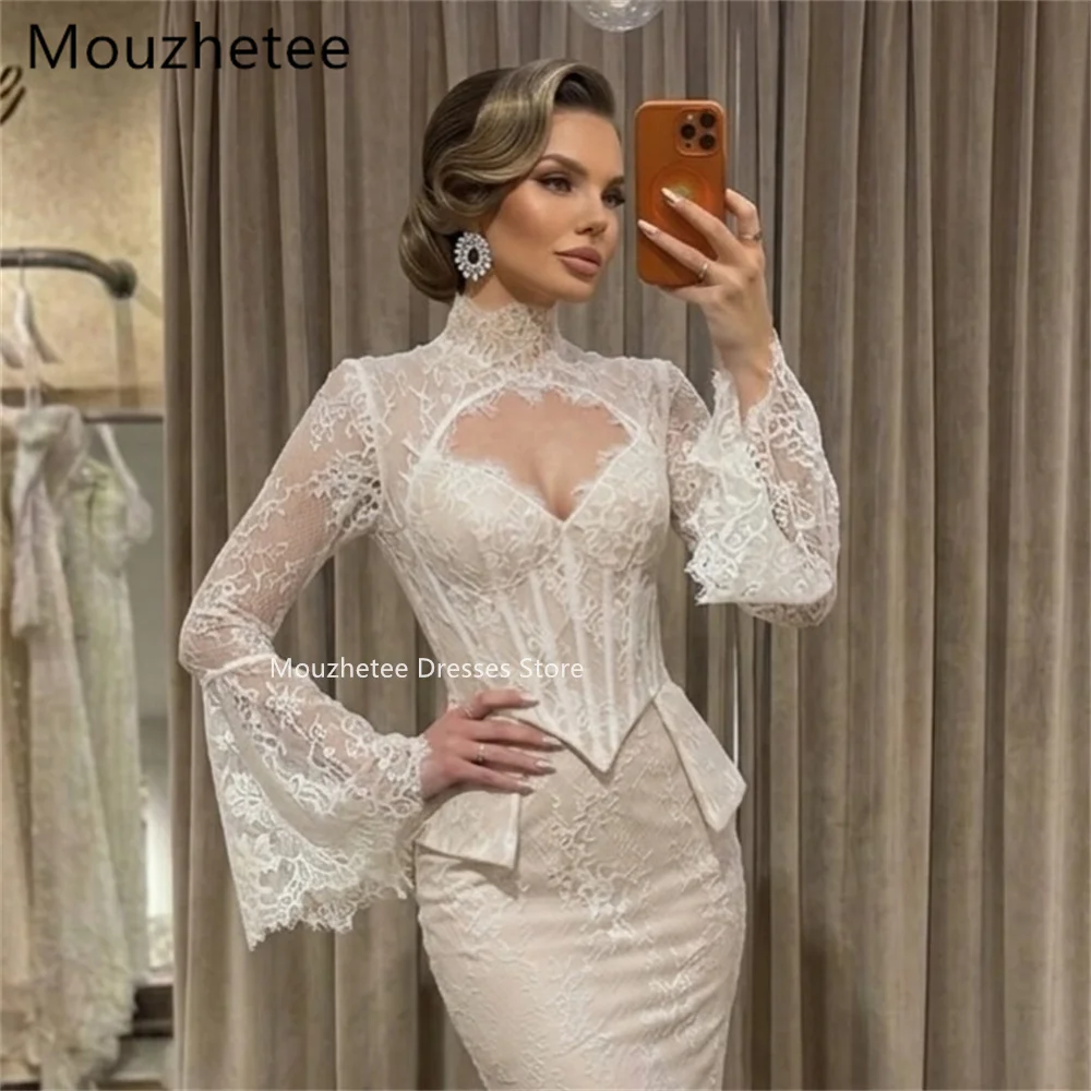 Mouzhetee Mermaid Elegant O-Neck Pleat Lace Wedding Dresses Simple Long Sleeve Brides Gown Custom Made 2026