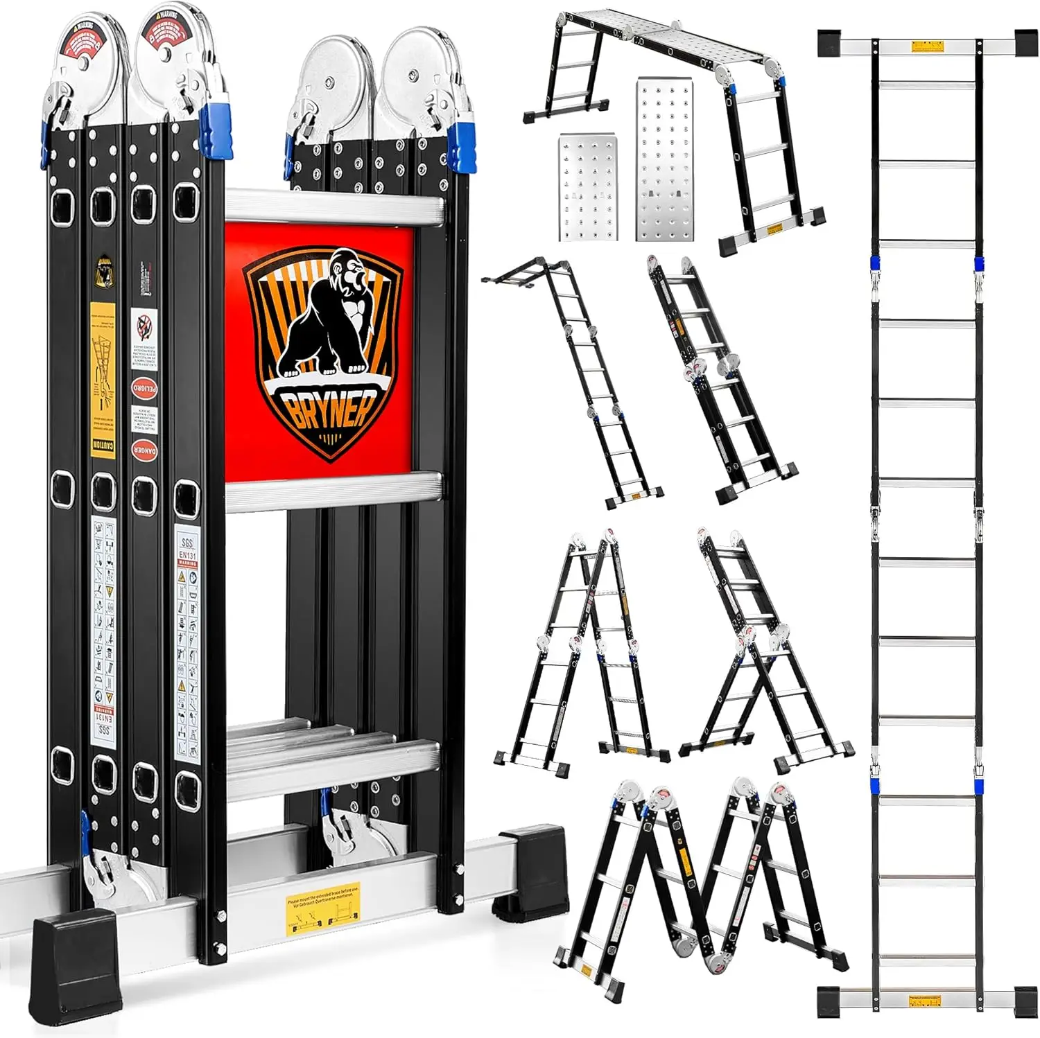 , Bryner 7 in 1 Multi-Purpose Ladder Aluminium Extension Ladder 12Ft Folding Adjustable Telescoping Step Ladder Heavy Duty Ladde