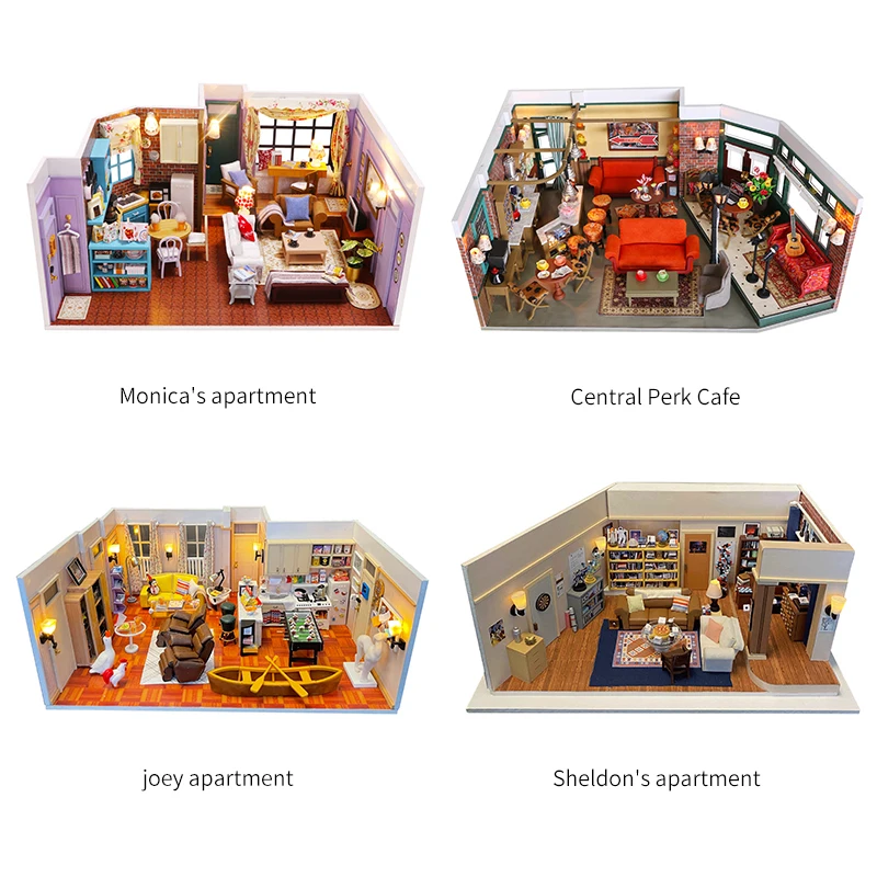 DIY Wooden Monica's Apartment Casa Miniature Building Kits Bookend With Lights Assembled Bookshelf Home Decoration Friends Gifts