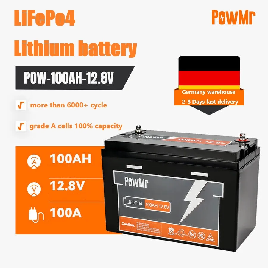 PowMr 100AH 12V LiFePO4 Battery Pack 1280WH 6000 Cycle Built-in BMS Lithium Iron Phosphate Grade A Cells Solar Storage Battery