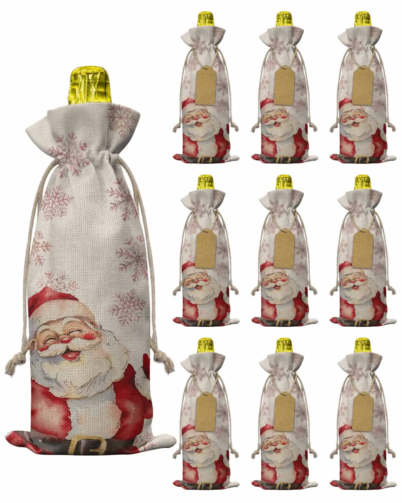 10pcs Snowflake Retro Santa ClausWine Bottle Bag with Drawstring Festive Party Decor Wine Bottle Covers Gift