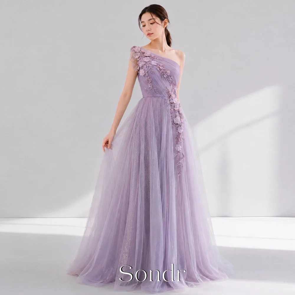Sondr Purple One-Shoulder Luxury Floral Appliques Korean Evening Gown Soft Tulle Wedding Photography Dress Floor-Length Party