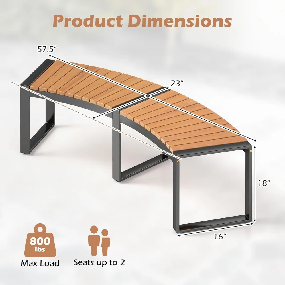 Patio Curved Bench, Acacia Wood Fire Pit Bench W/Slatted Seat & Metal Legs, Outdoor Backless 2-Person Seating 800 LBS Max Load