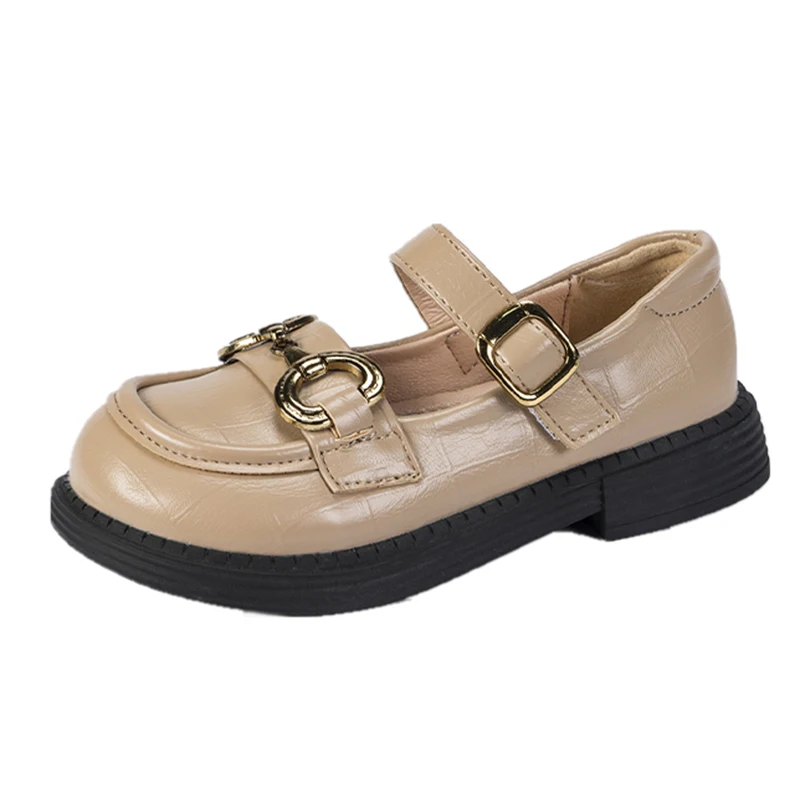 2023 Spring New Girls Leather Shoes Round Toe British Style Retro Metal Buckle Soft Kids Fashion Princess Loafers Shallow Causal