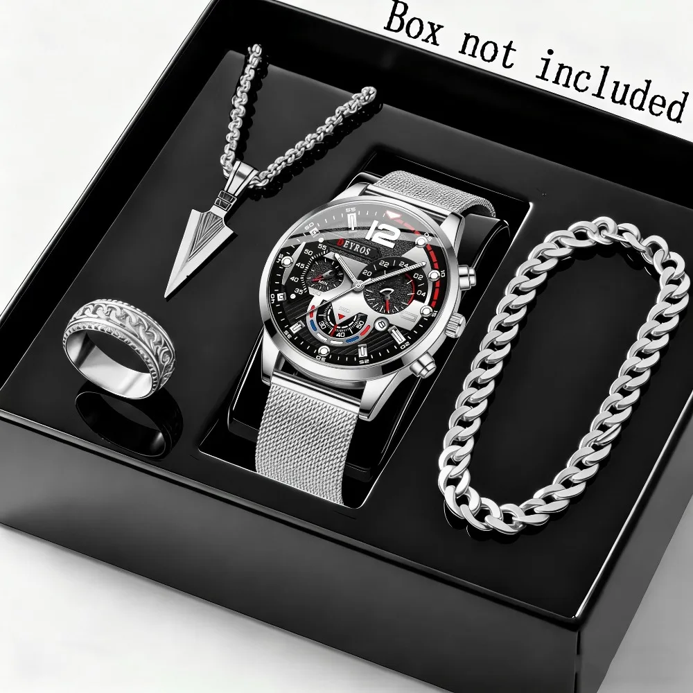 4pcs/Set Fashion Men'S Quartz Watch & Necklace Bracelet Set | Men'S Ring, Men'S Bracelets Watch | Elegant Watch For Men