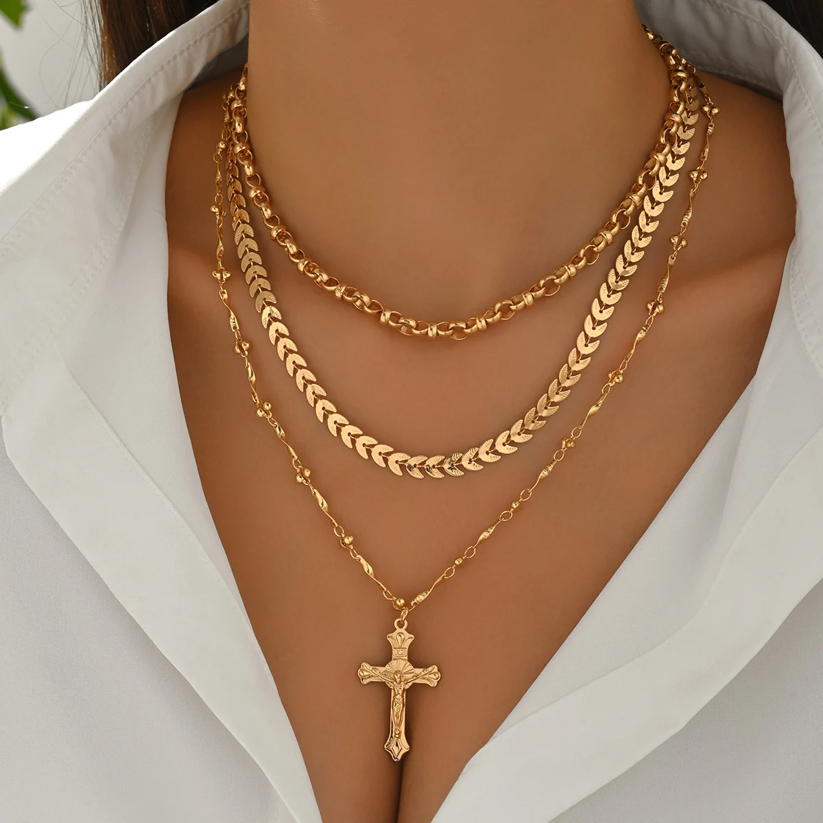 Collar de rosario en capas con cruz, 3 piezas, tono dorado y plateado vintage, joyería religiosa ajustable para mujer, uso diario