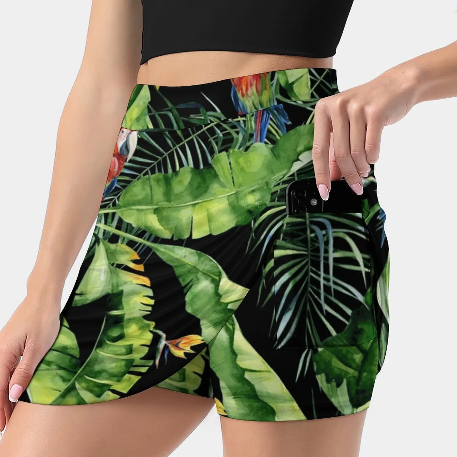 Seamless Watercolor Illustration Of Tropical Leaves Dense Tennis Golf Skirt Sexy A-Line Harajuku Shorts Skirt With Phone