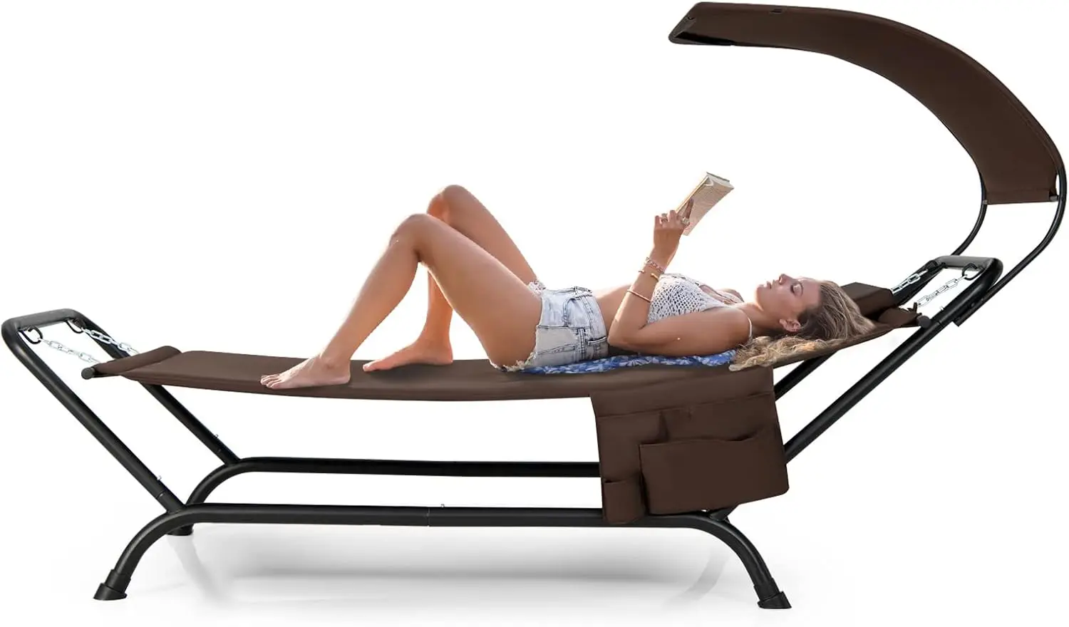 

Outdoor Hammock with Adjustable Canopy, Rustproof Stand, Pillow & Storage Pocket for Backyard Poolside (Brown)