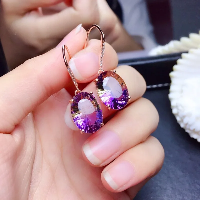 Fashion Imitation Natural Amethyst Earrings Women's Crystal Flash Plating Seiko Inlaid Tourmaline Accessories