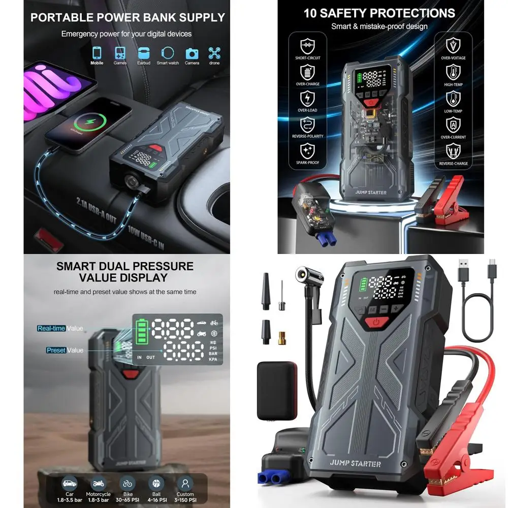 

4000A Зарядное устройство Автомобильный стартер с воздушным компрессором, портативный стартер с перемычкой аккумулятора для автомобиля 12 В, блок питания для прыжков