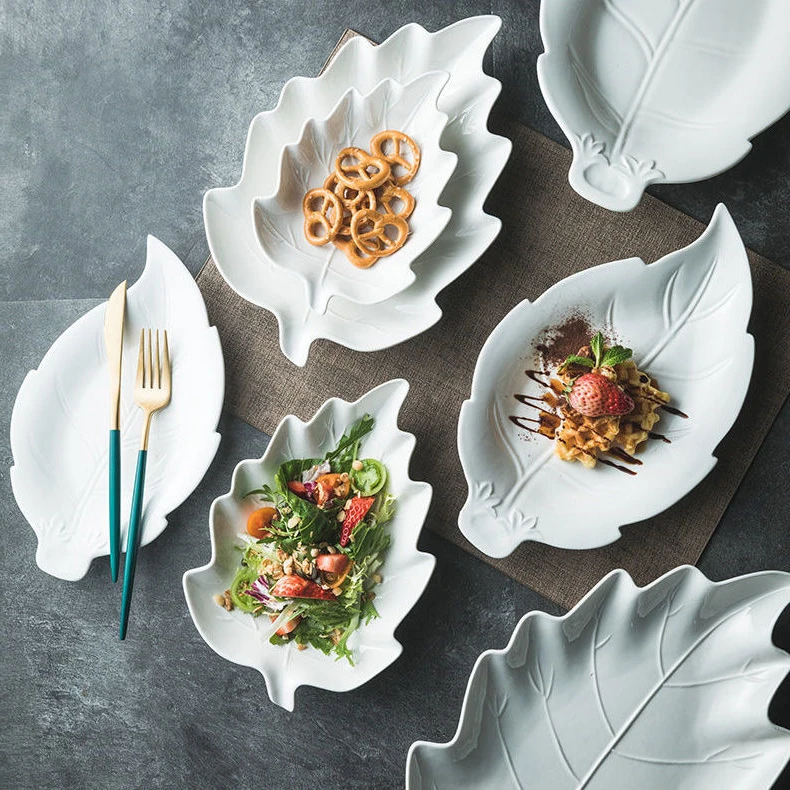 Leaf Shape Ceramic Plates, Creative Storage Dishes Platter, Sushi Plate, Fruit Snack Dessert Dishes, Serving Tray, Tableware