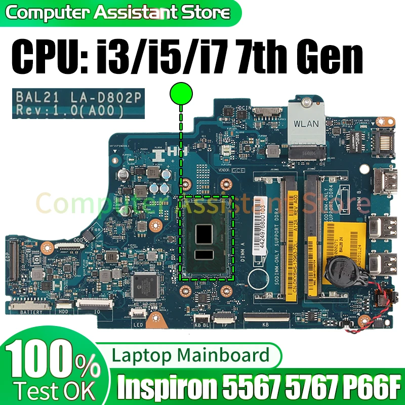 

For Dell Inspiron 5567 5767 P66F Laptop Mainboard LA-D802P 081YW5 057K0H 0DG5G3 " i3/i5/i7 7th Gen CPU Notebook Motherboard