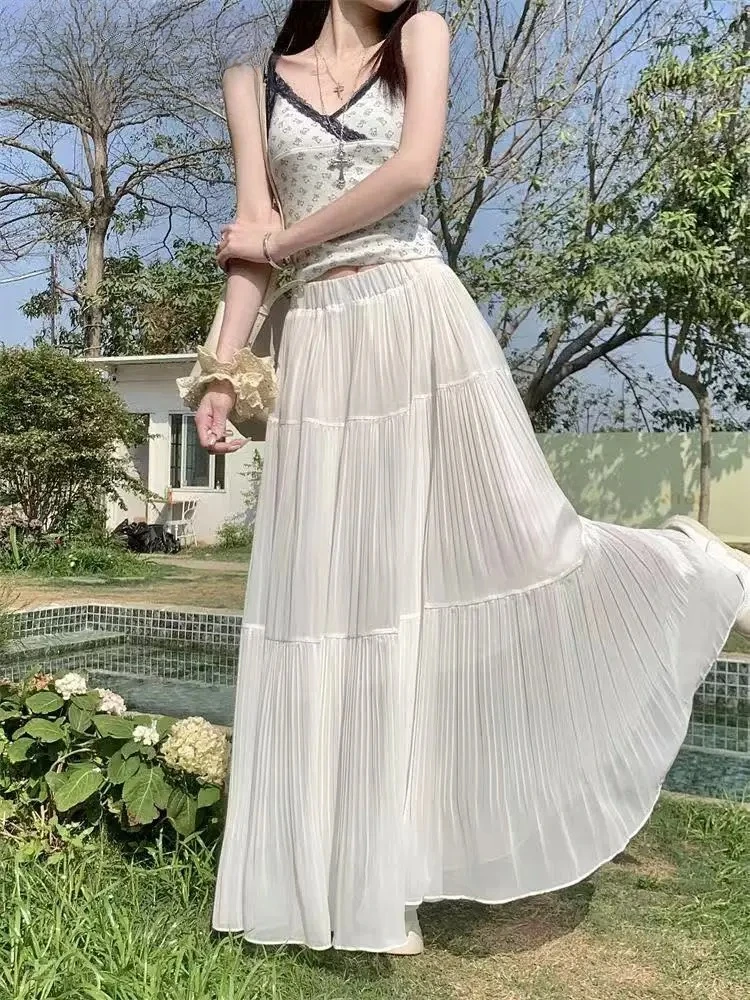 Spring Summer Korean Fashion Women Long Skirts High White Purple Chic Long Elegant Women's Skirts  All Match A Line Cake Skirtme