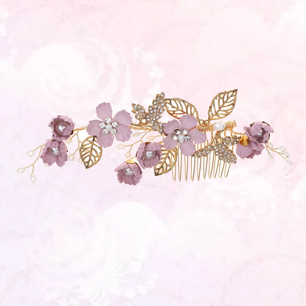 

Purple Cloth Flower Hair Comb Bridal Pearl Rhinestone Side Comb Wedding Decoration Elegant Lightweight Comfortable