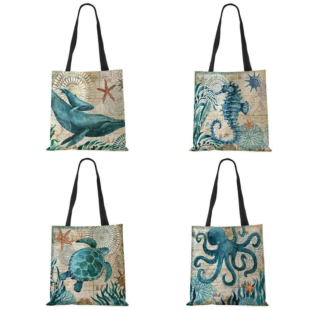 Tote Bag Seahorse Turtle Octopus Print Traveling Shoulder Bags Eco Linen Shopping Bags For Women With Print