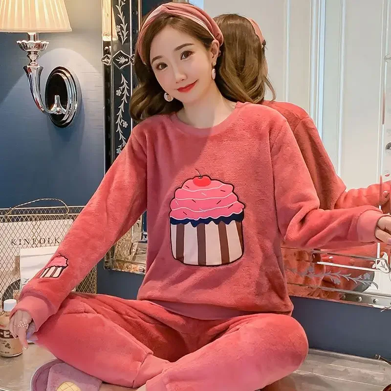 Coral Fleece Pajama Sets Women Winter Warm Sleepwear Long Sleeve Trouser Pajamas Flannel Thick Loungewear Korean Kawaii Clothes