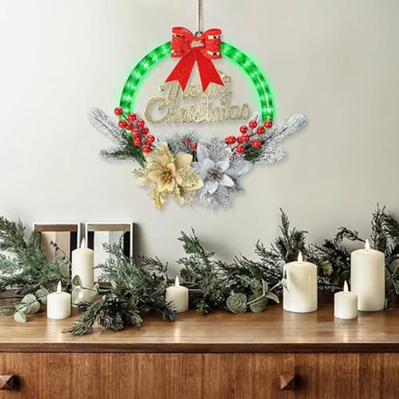 1 PCS Christmas Wreaths For Front Door Christmas Wreath With Lights PS+LED Flowers Picks, Green Pretty Garland Christmas Decor