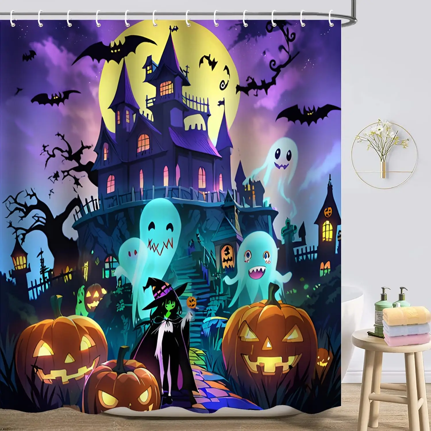 Halloween Shower Curtain, Scary Shower Curtain Set, Spooky Castle Decor, Horror Haunted House Bathroom Home Indoor Decorations