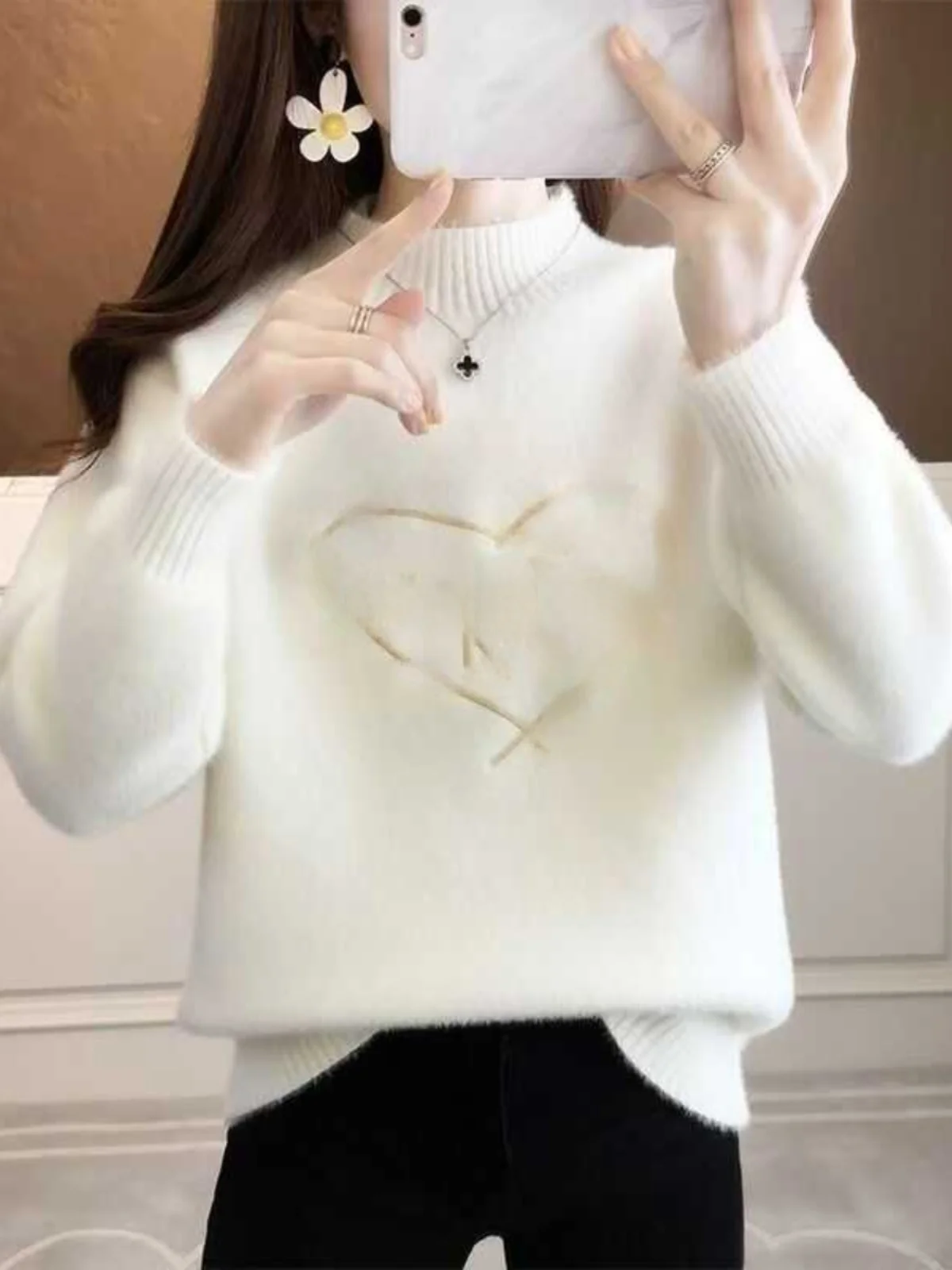 

Thiened Fce Nel Knitted Sweater Women's Autumn Winter New Sle Korean Version Warmth Heating Long Sve round Ne