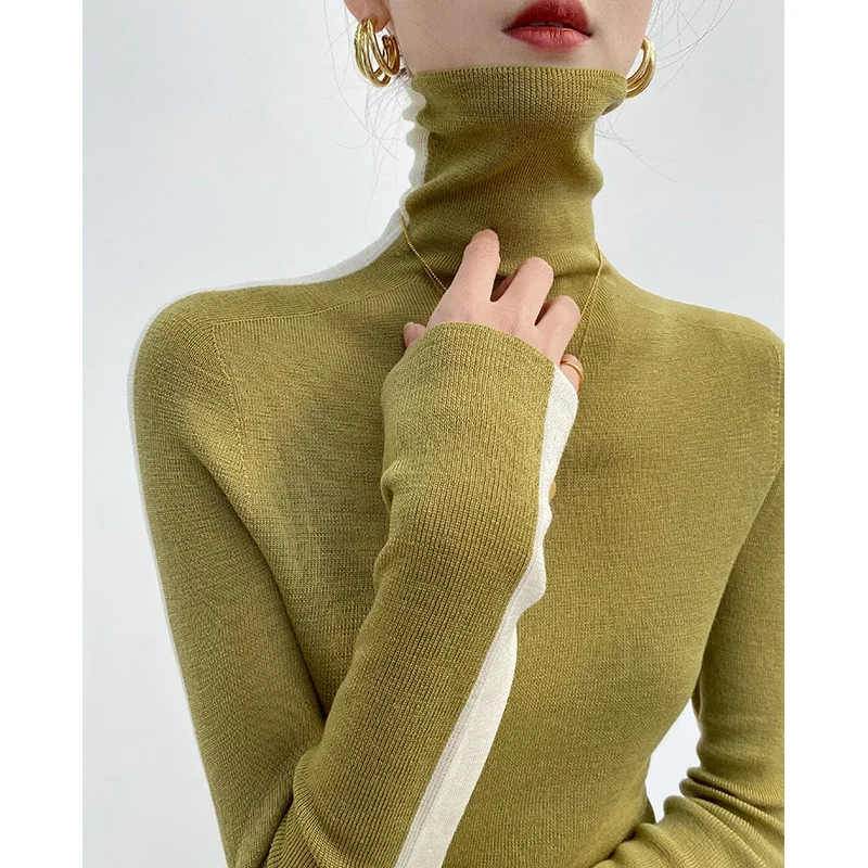 Suéter de cuello alto grueso de piel sintética para mujer, camiseta base con cuello apilado, estilo coreano, a la moda, novedad de otoño-invierno