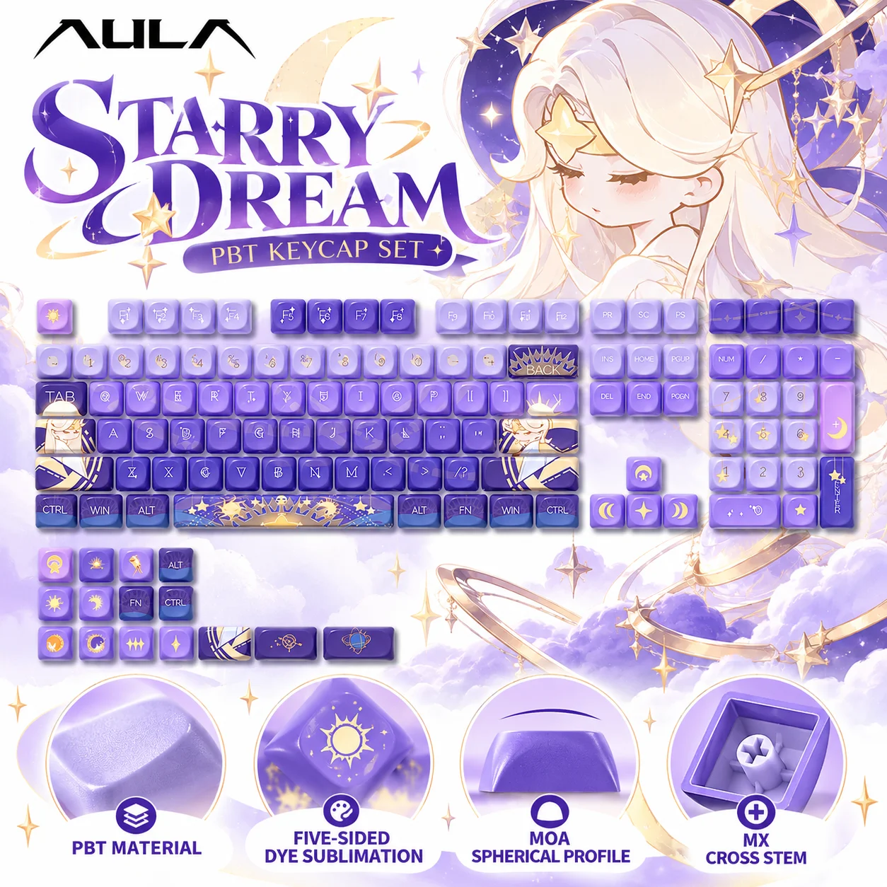 AULA Starry Dream Keycap Set PBT Five-Sided Dye Sublimation MOA Profile MX Stem Cute Keycaps for Mechanical Magnetic Keyboard