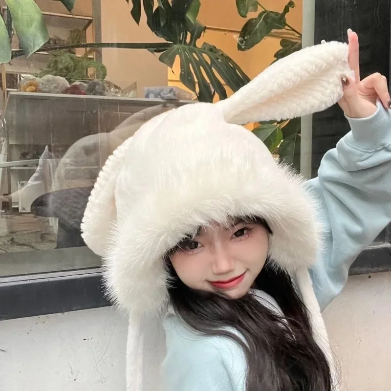 Cute Detachable Long Ear Rabbit Hat Fake Hair Autumn Winter Style Integrated Removable Warm Small Face Effect Asian Fiber Hat