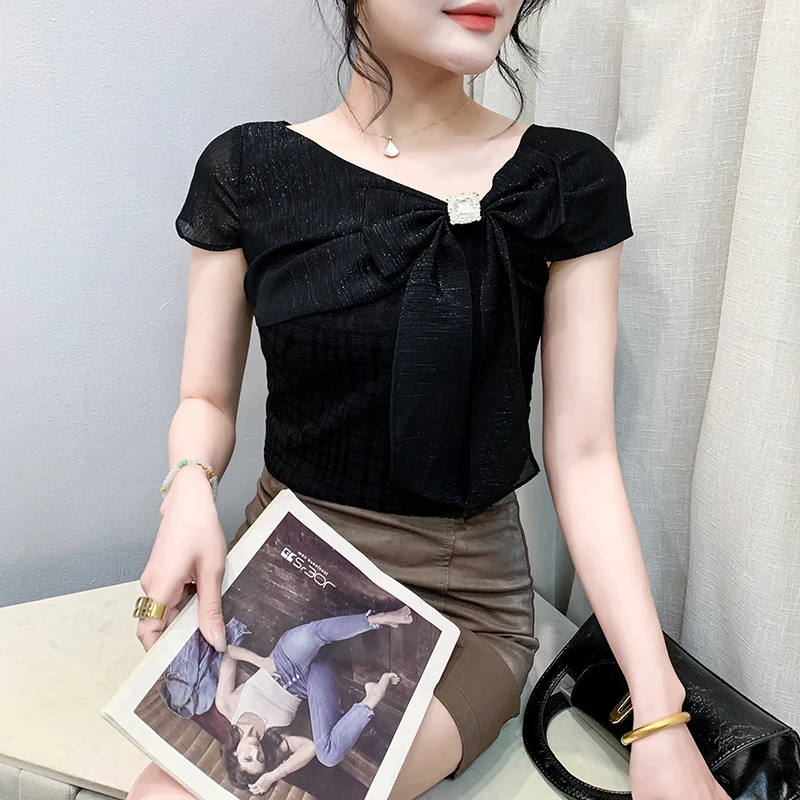 

Black,Summer,Korean,Style,T-Shirt,Women,Chic,Sexy,Patchwork,Three-dimensional flower,Bowknot,Tops,Short Sleeve,Tees,New,541109