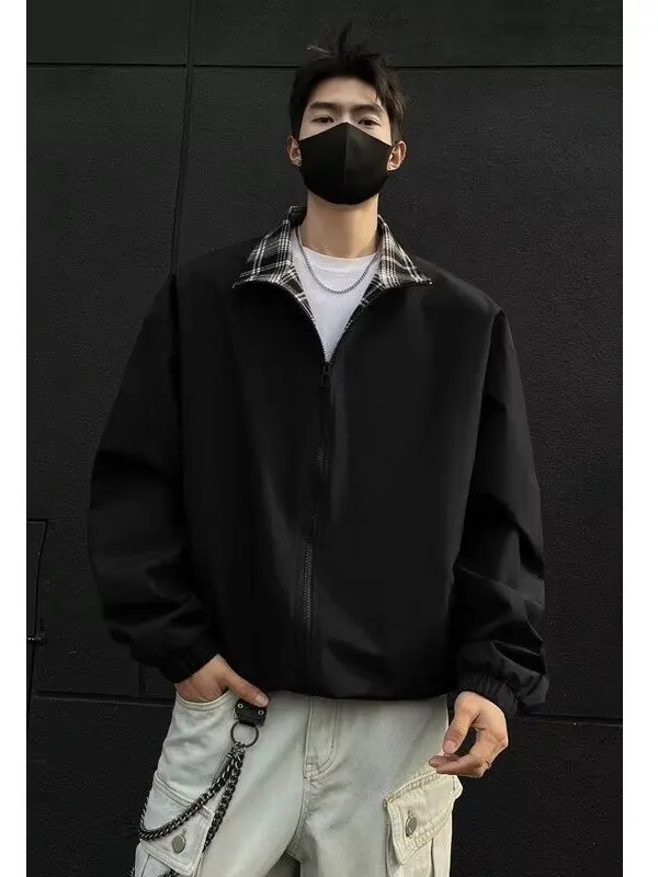 

American High Street Casual Plaid Stand Collar Jaet Men's plus Size Workwear Windproof Waterproof Hip Hop Coat